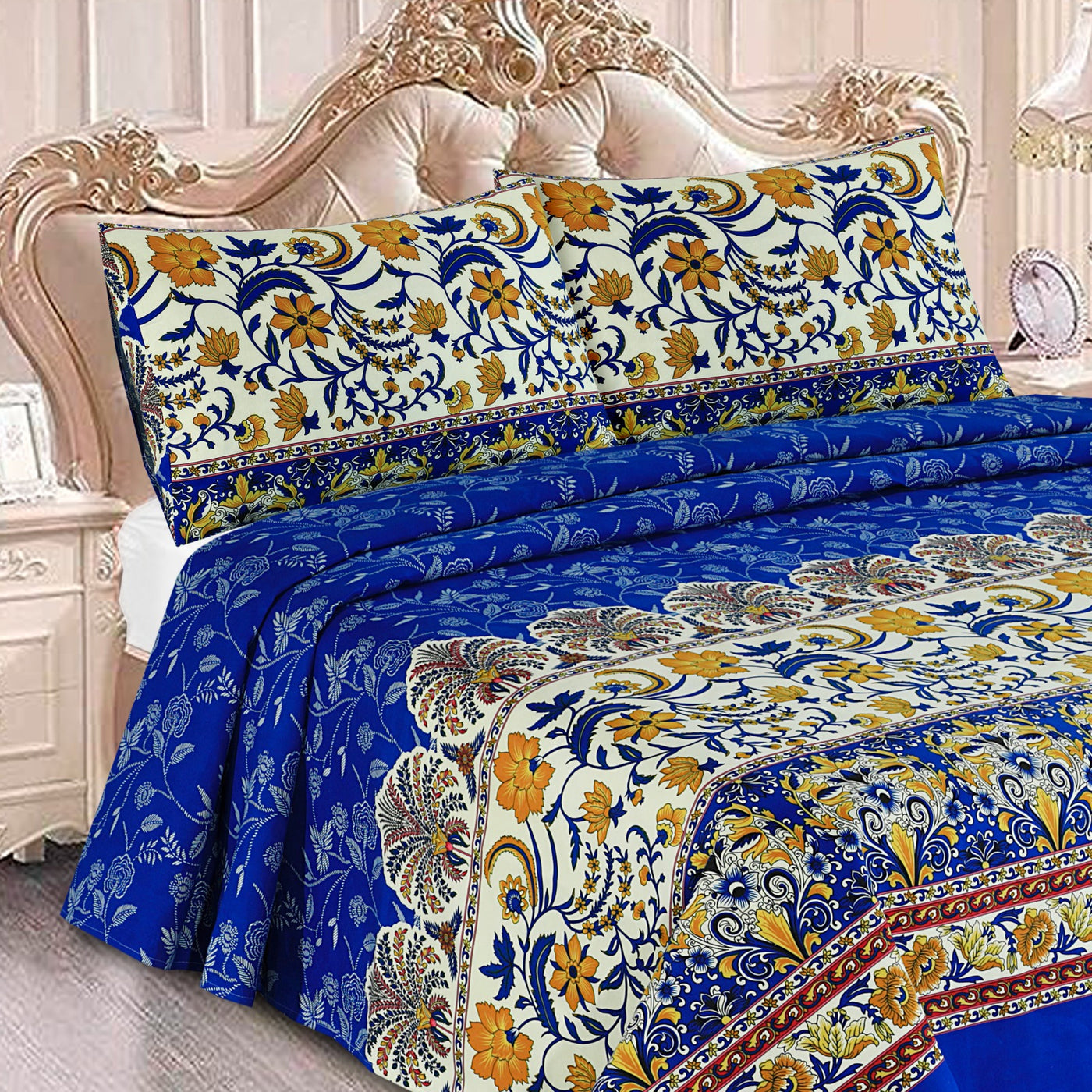 Oliver blue -Premium Cotton Bed Sheet Set