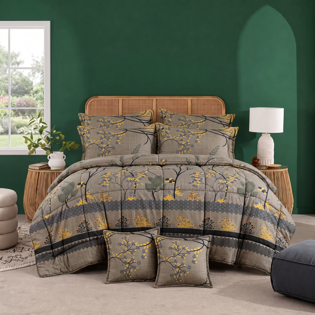 GREY LEAVES - 8pcs Premium Comforter Set