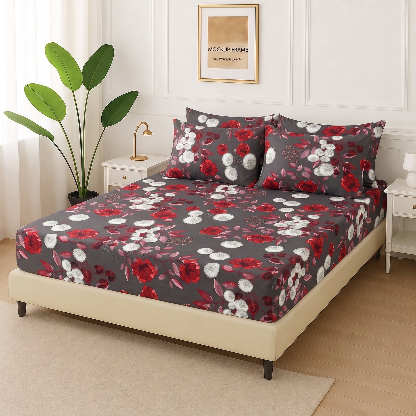 Crimson Dusk - Fitted Bedsheet With 4 Pillow Covers