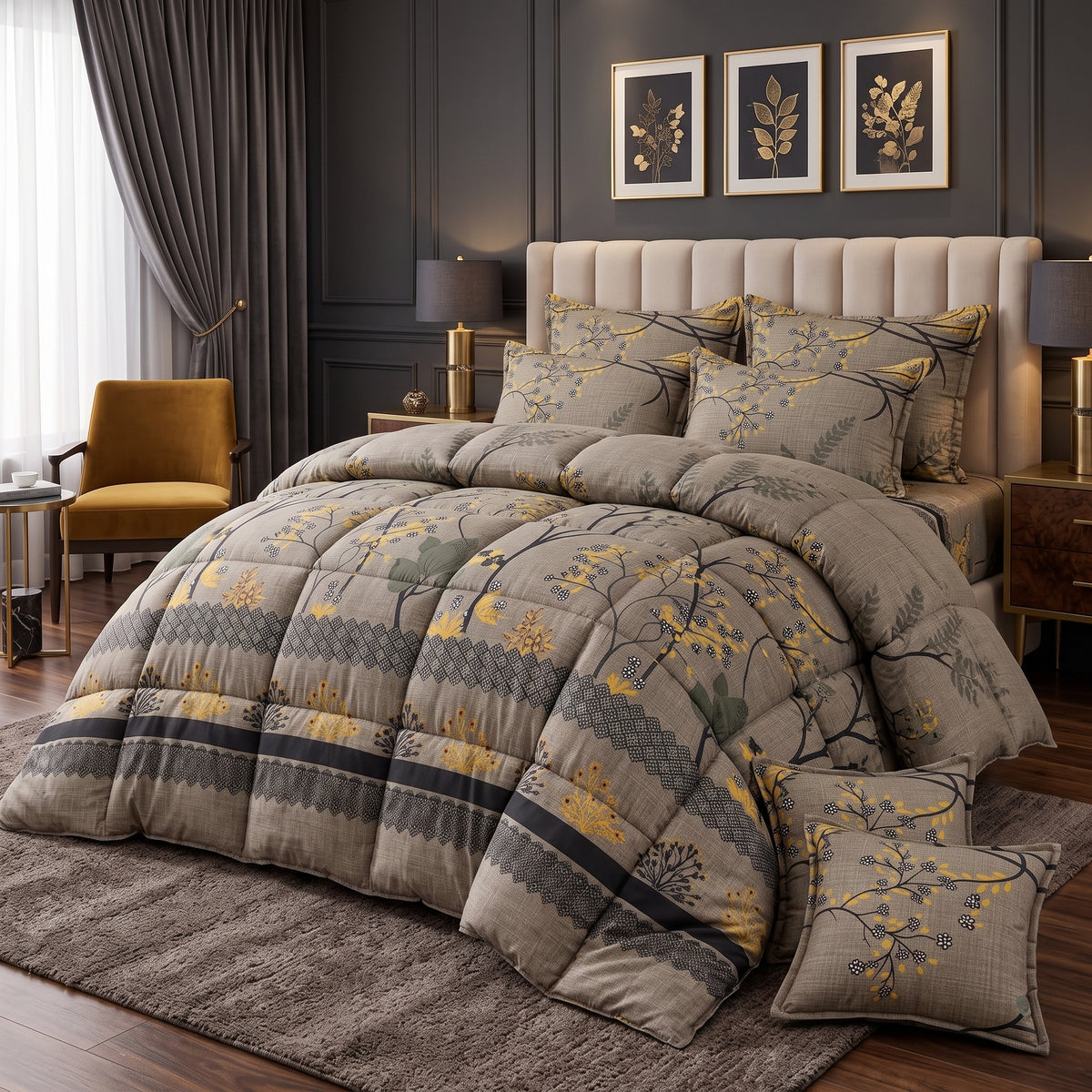 GREY LEAVES -8 pcs WINTER RAZAI Set (HEAVY FILLING)