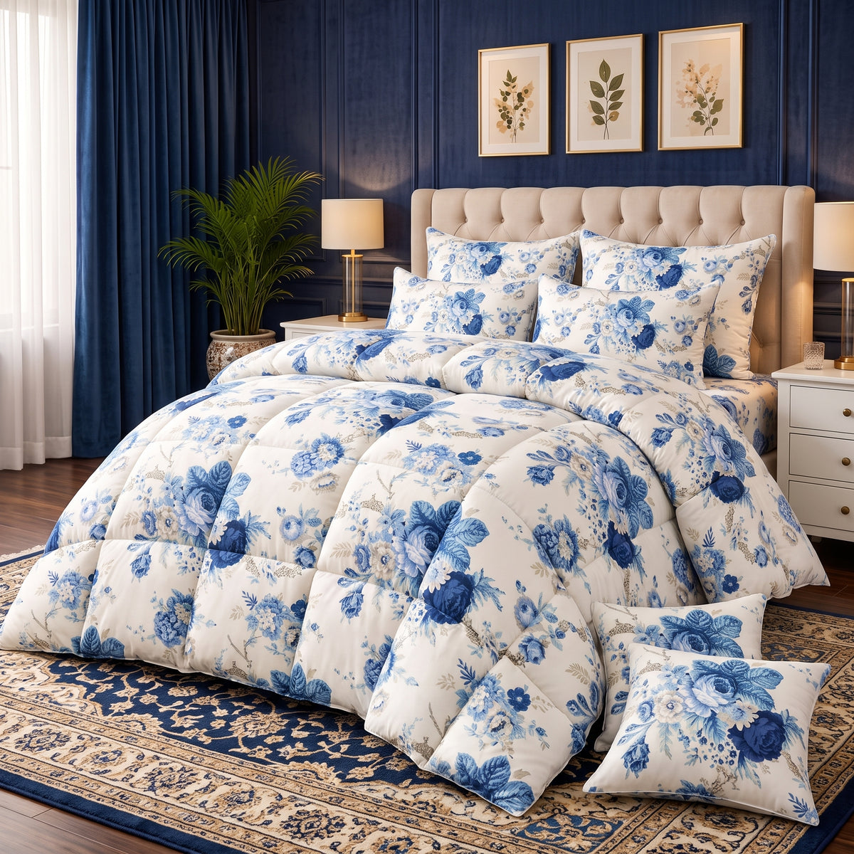 Royal Blue Botanical -8 pcs WINTER RAZAI Set (HEAVY FILLING)