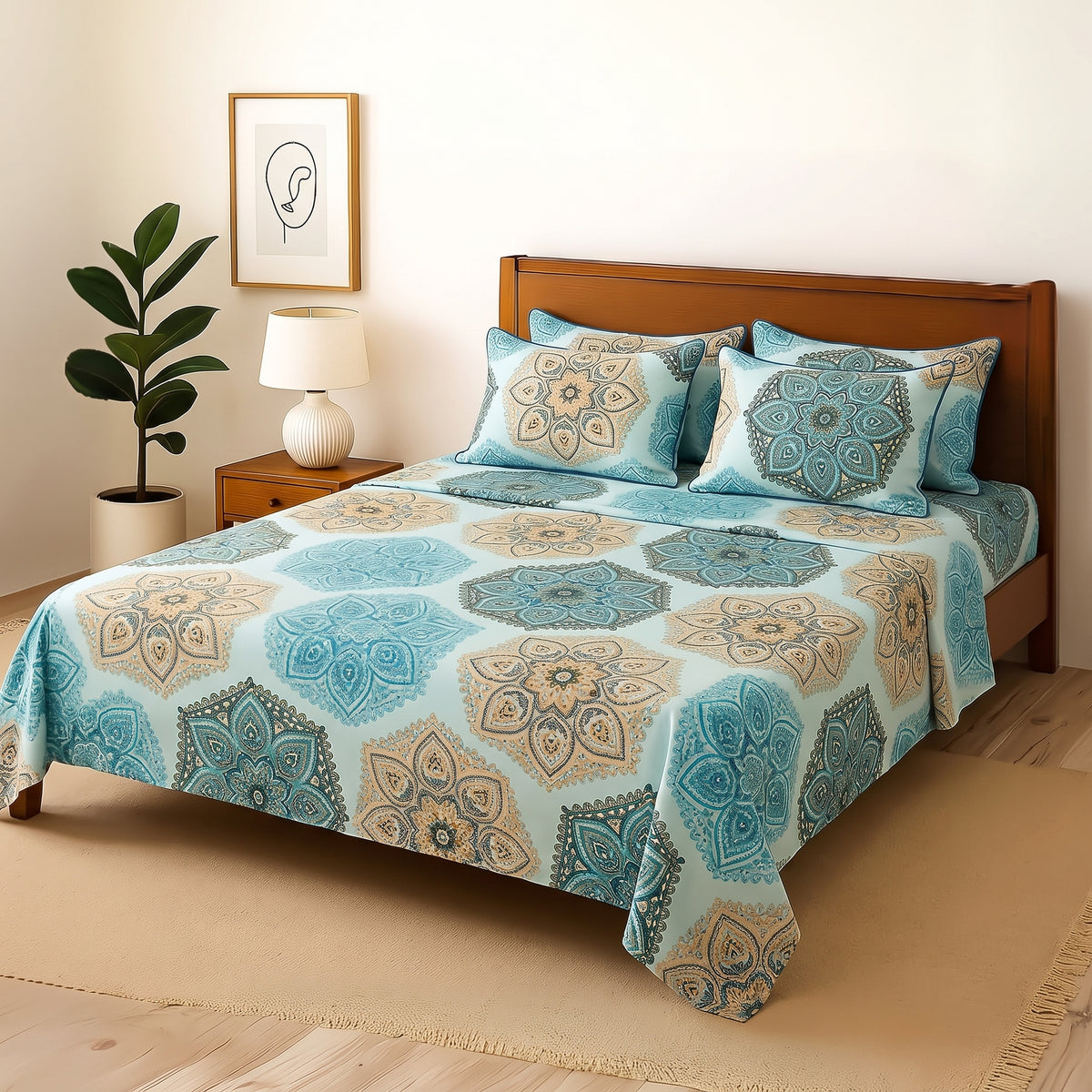 Azure Mandala Mosaic - Bedsheet With 4 Pillow Covers