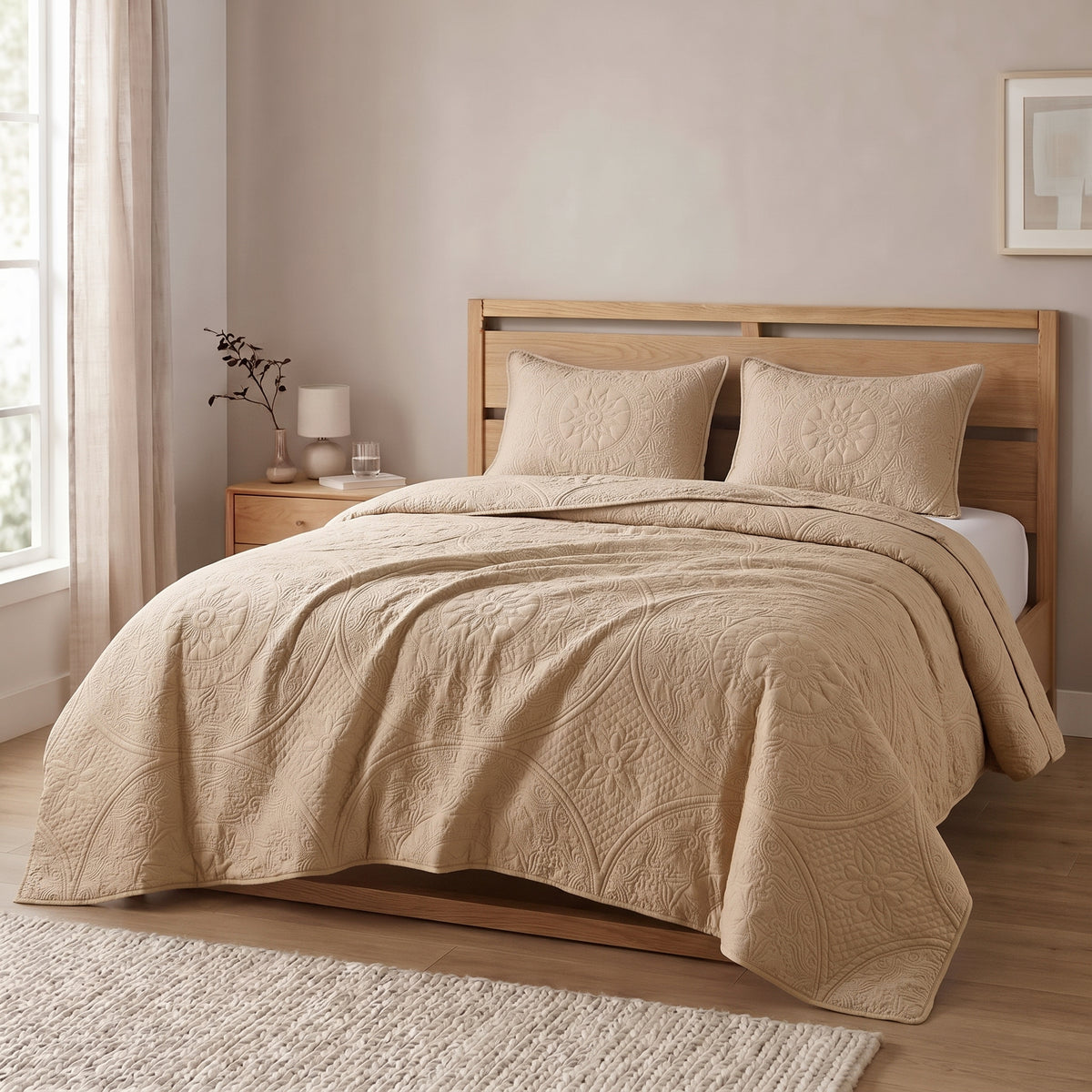 Beige - Gilded Bloom Quilt - 3pcs BEDSPREAD Set (Light Filling)