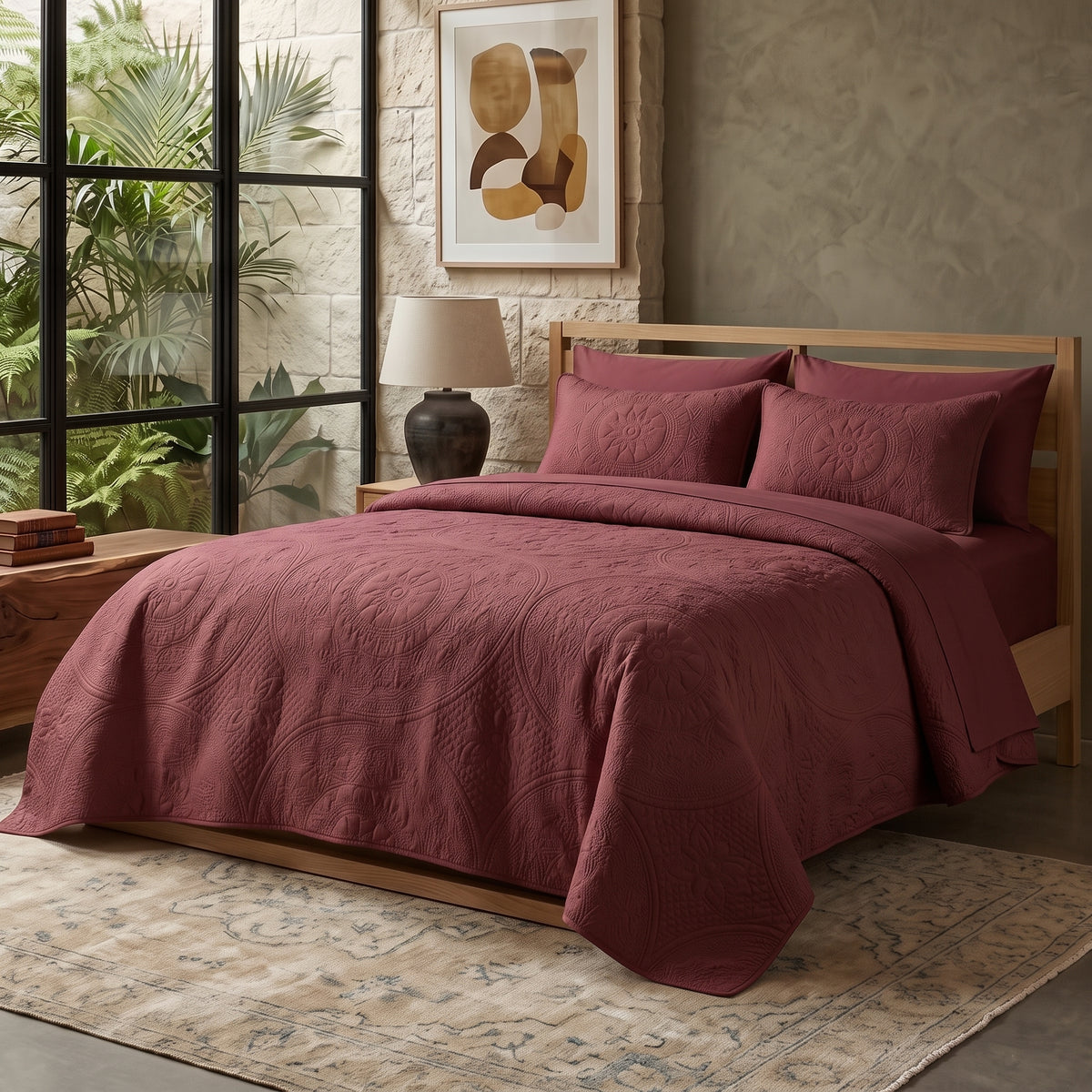 Maroon - Gilded Bloom Quilt - 6pcs BEDSPREAD Set (Light Filling)