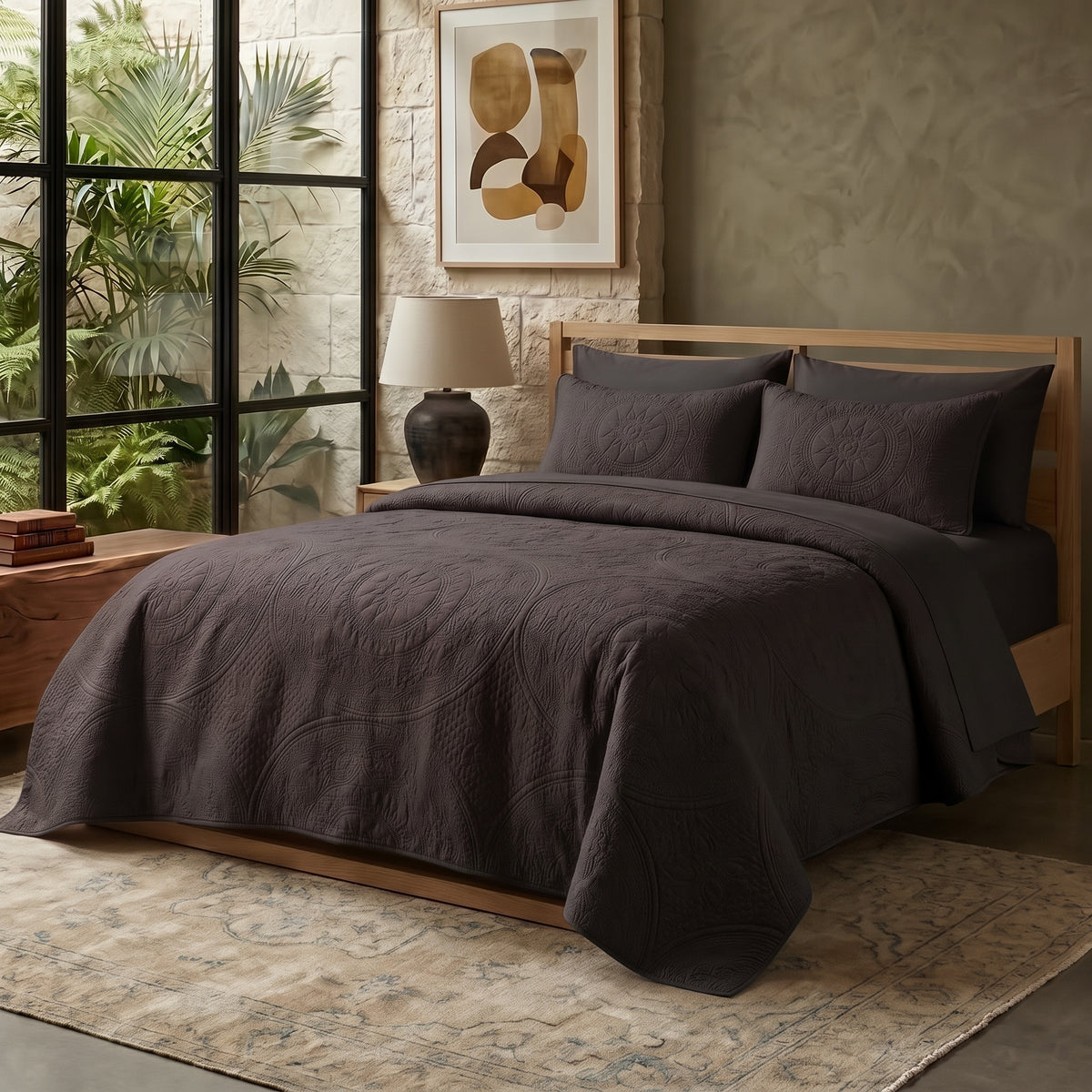 Dark Grey - Gilded Bloom Quilt - 6pcs BEDSPREAD Set (Light Filling)