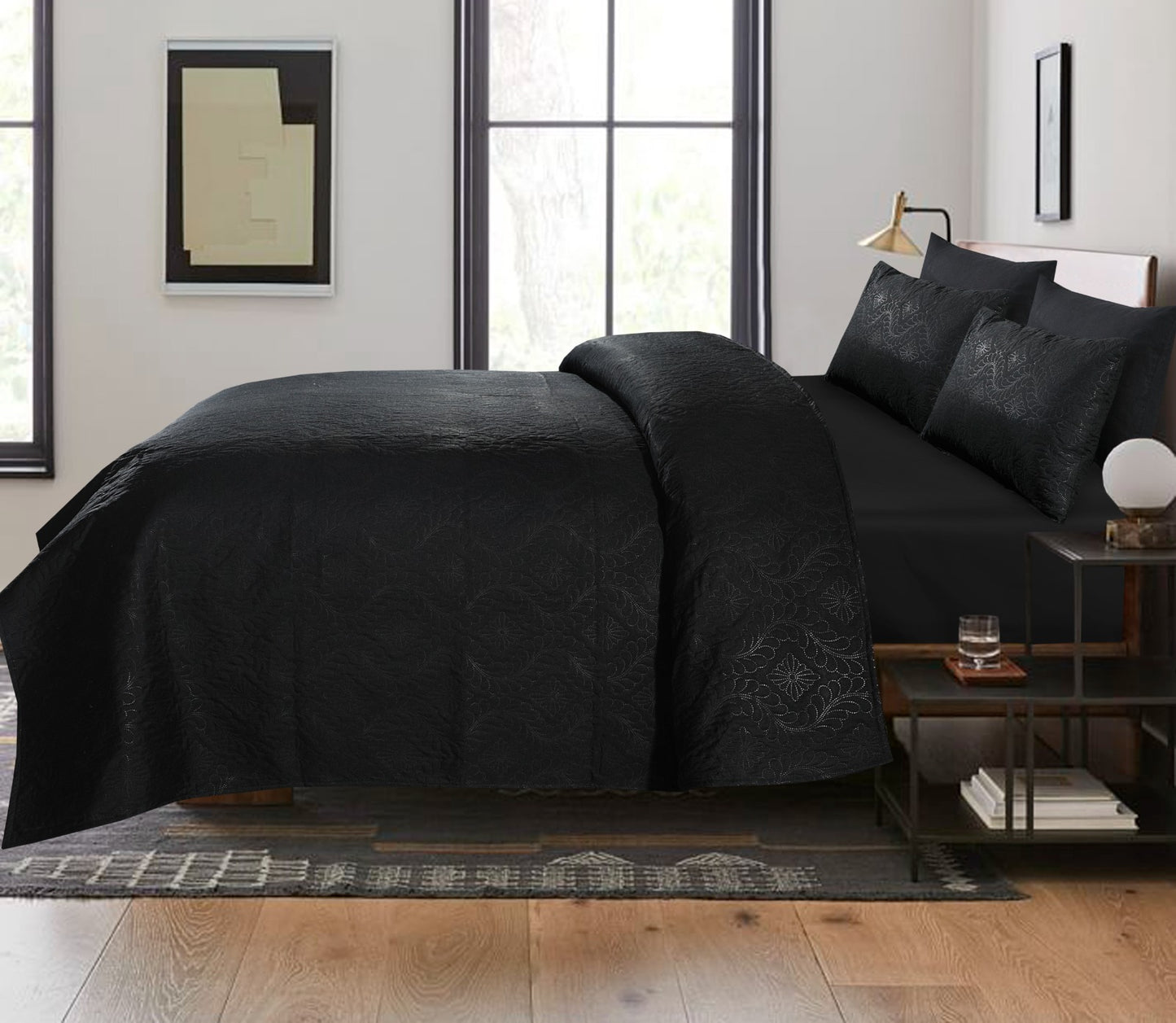 BEDSPREAD Set (Light Filling) - Dark Black Plain