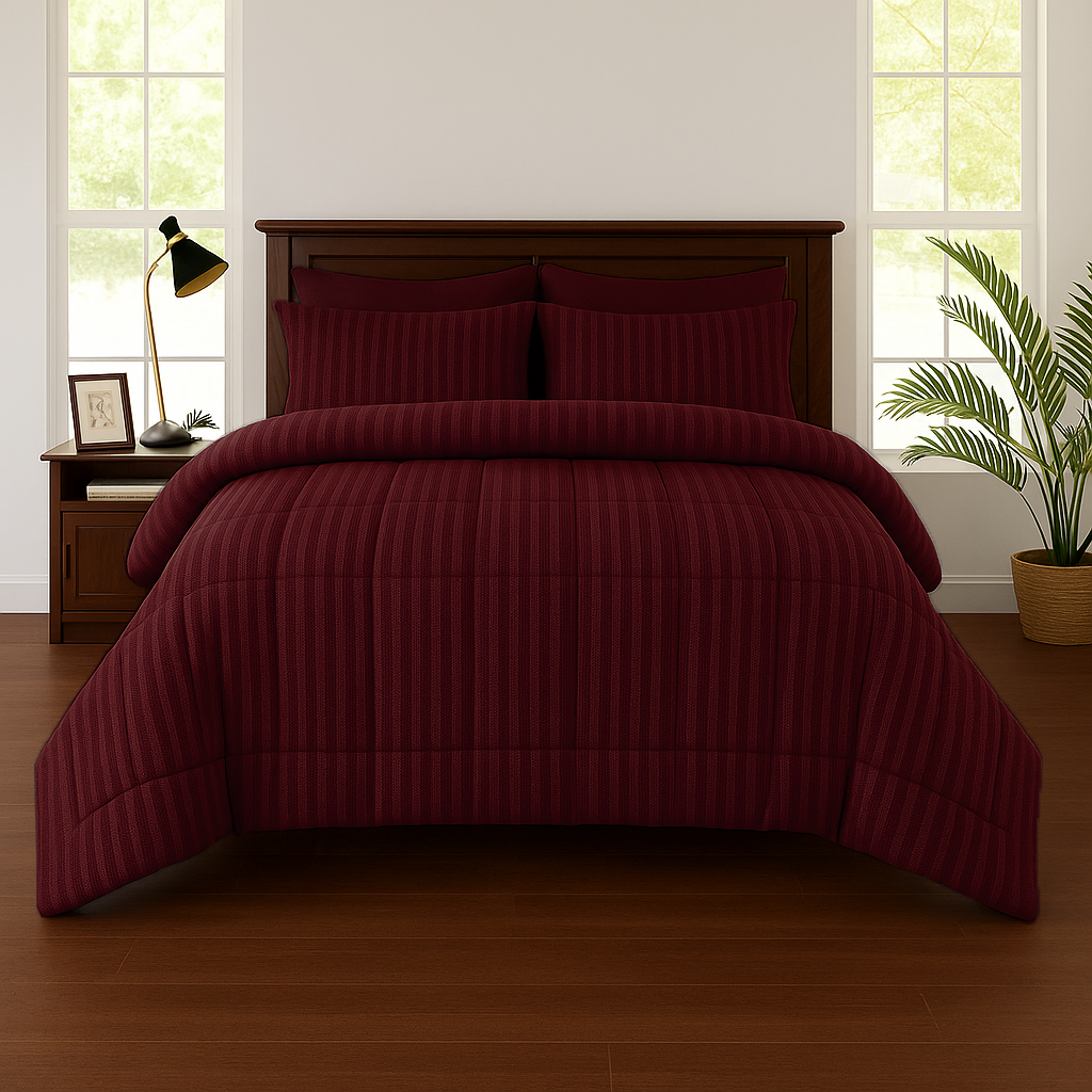 MAROON STRIPE- Premium SUMMER 6pcs Comforter Set (LIGHT FILLING)