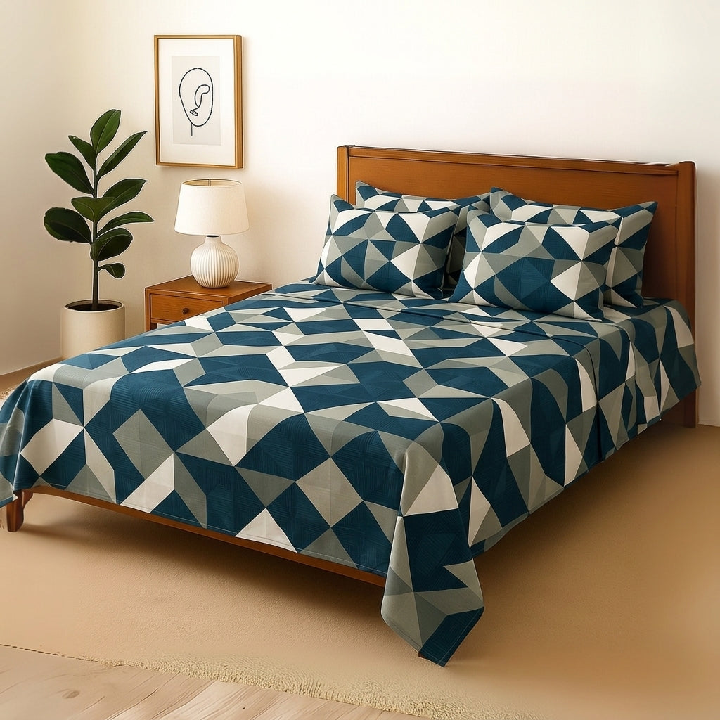 Blue Triangle - Bedsheet With 4 Pillow Covers