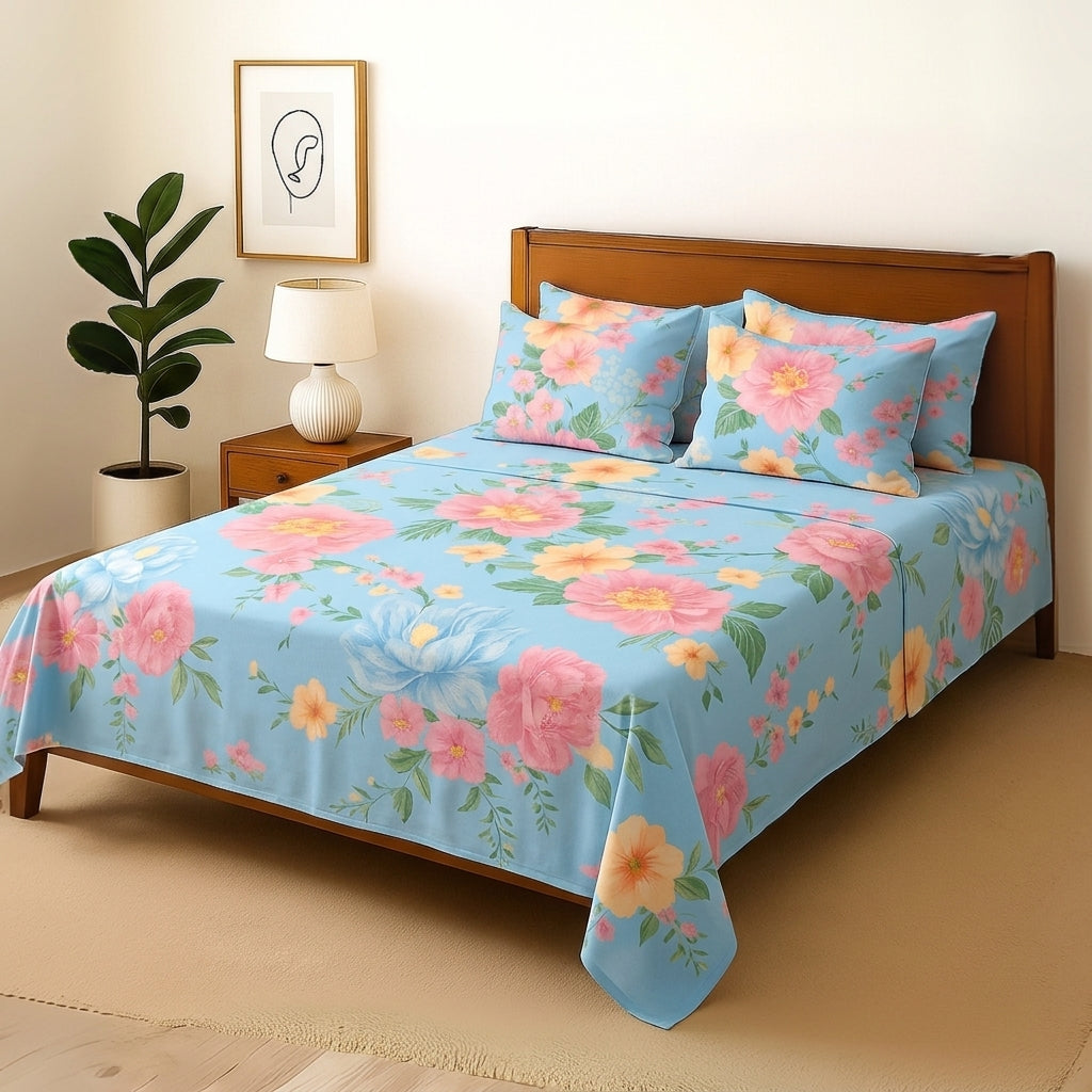 Blue Flowery - Bedsheet With 4 Pillow Covers