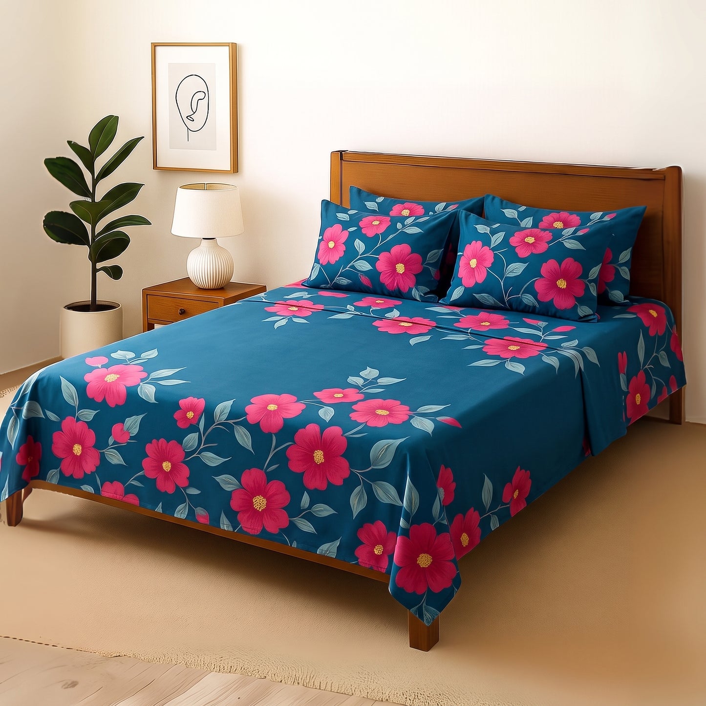Red lowery - Bedsheet With 4 Pillow Covers