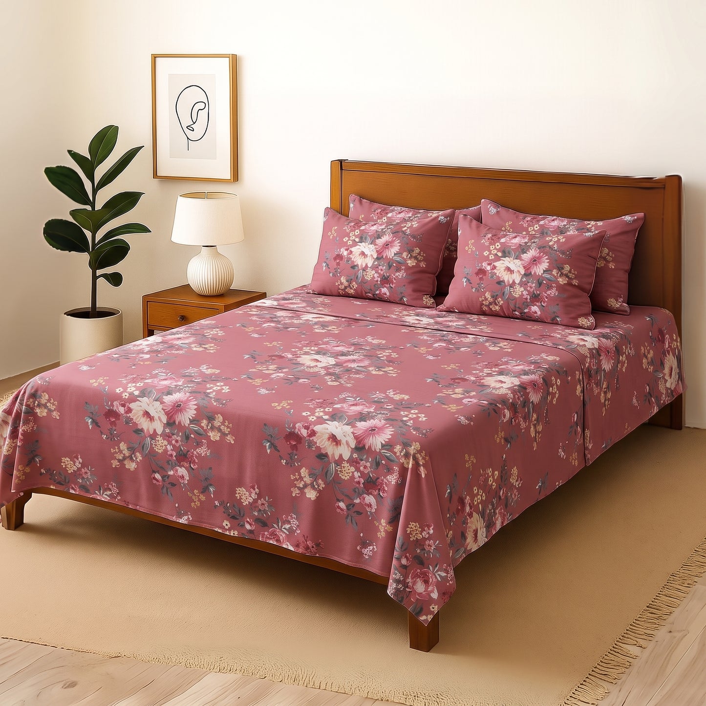 Tea Flower - Bedsheet With 4 Pillow Covers