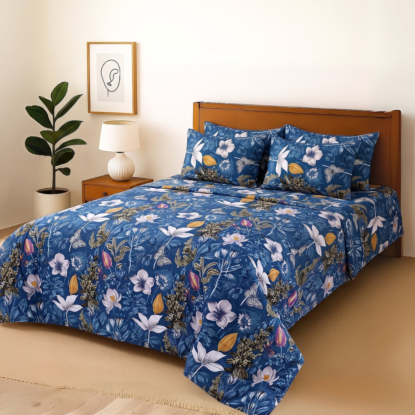 CP Blue Tulip - Bedsheet With 4 Pillow Covers