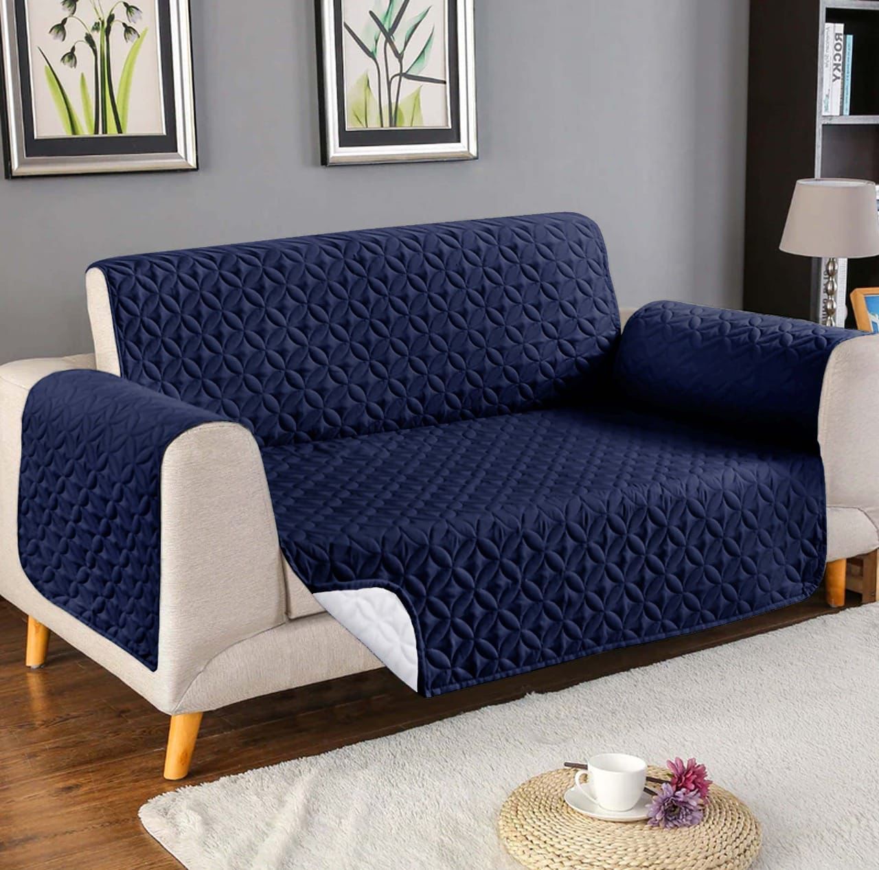 Cotton Quilted Sofa Cover (Blue color)