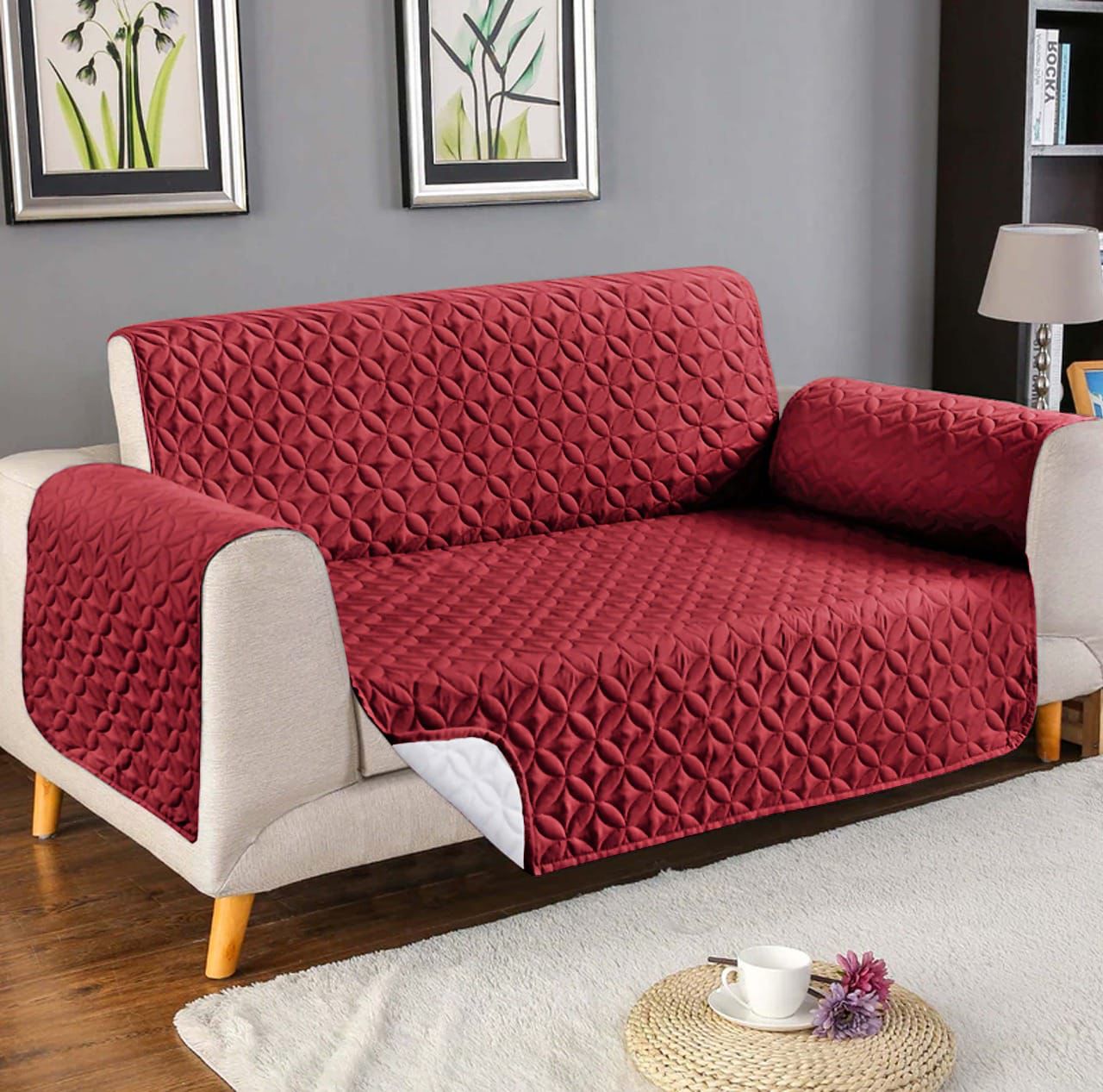 Cotton Quilted Sofa Cover (Red color)