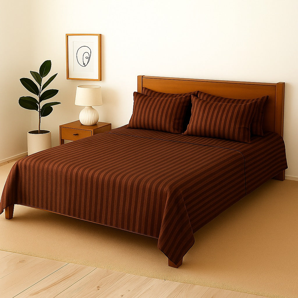 BROWN STRIPE- Bedsheet With 4 Pillow Covers
