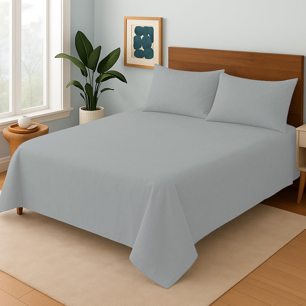 SILVER- PURE COTTON PLAIN Bedsheet Set