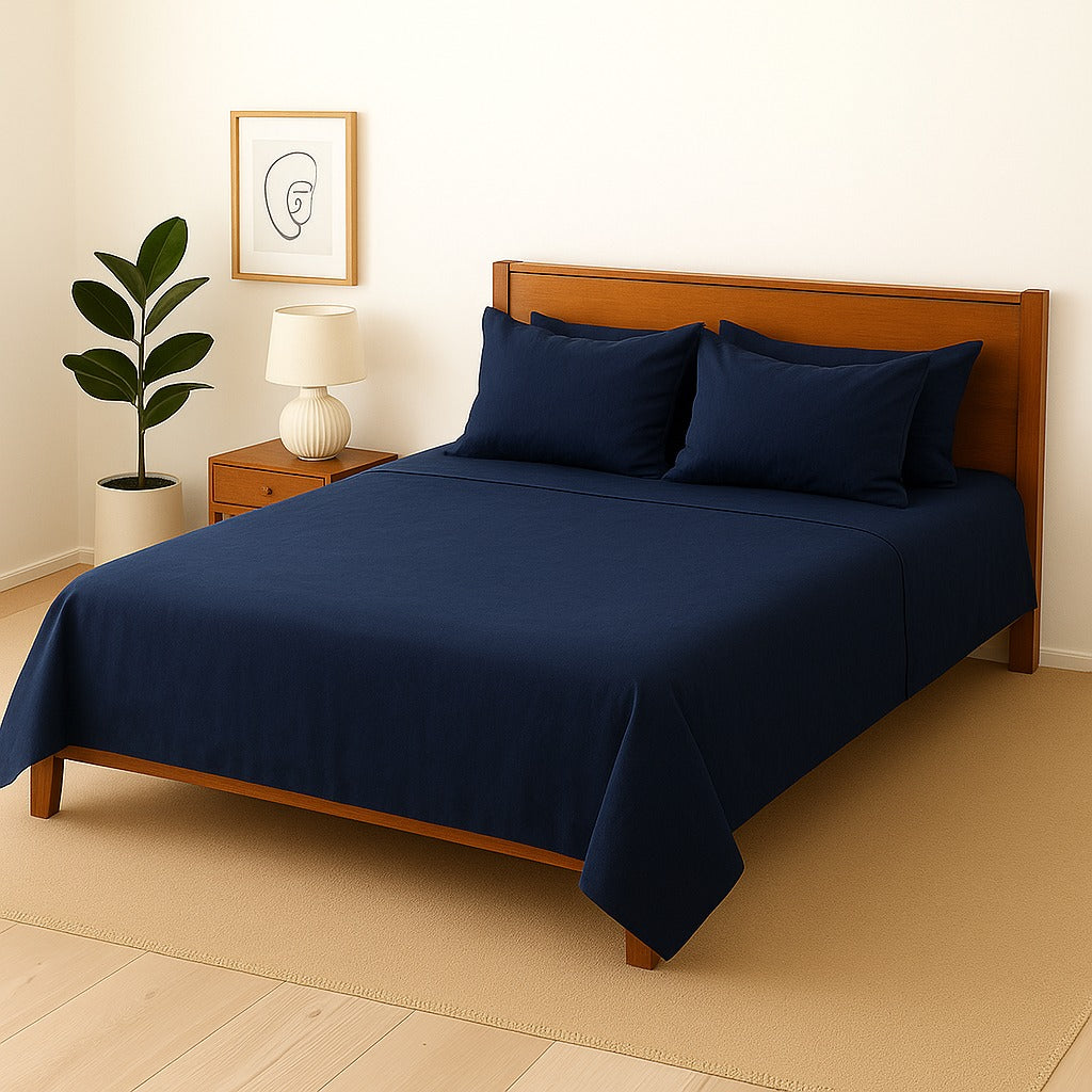 BLUE PLAIN- Bedsheet With 4 Pillow Covers