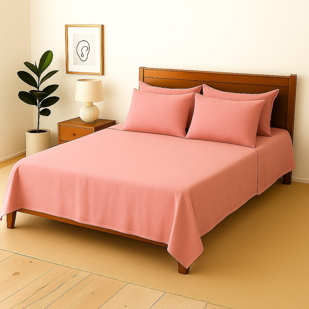 PINK PLAIN- Bedsheet With 4 Pillow Covers