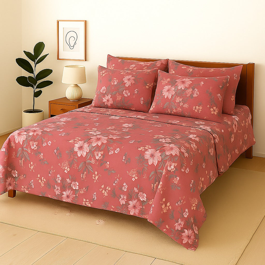 TEA FLOWER- Bedsheet With 4 Pillow Covers