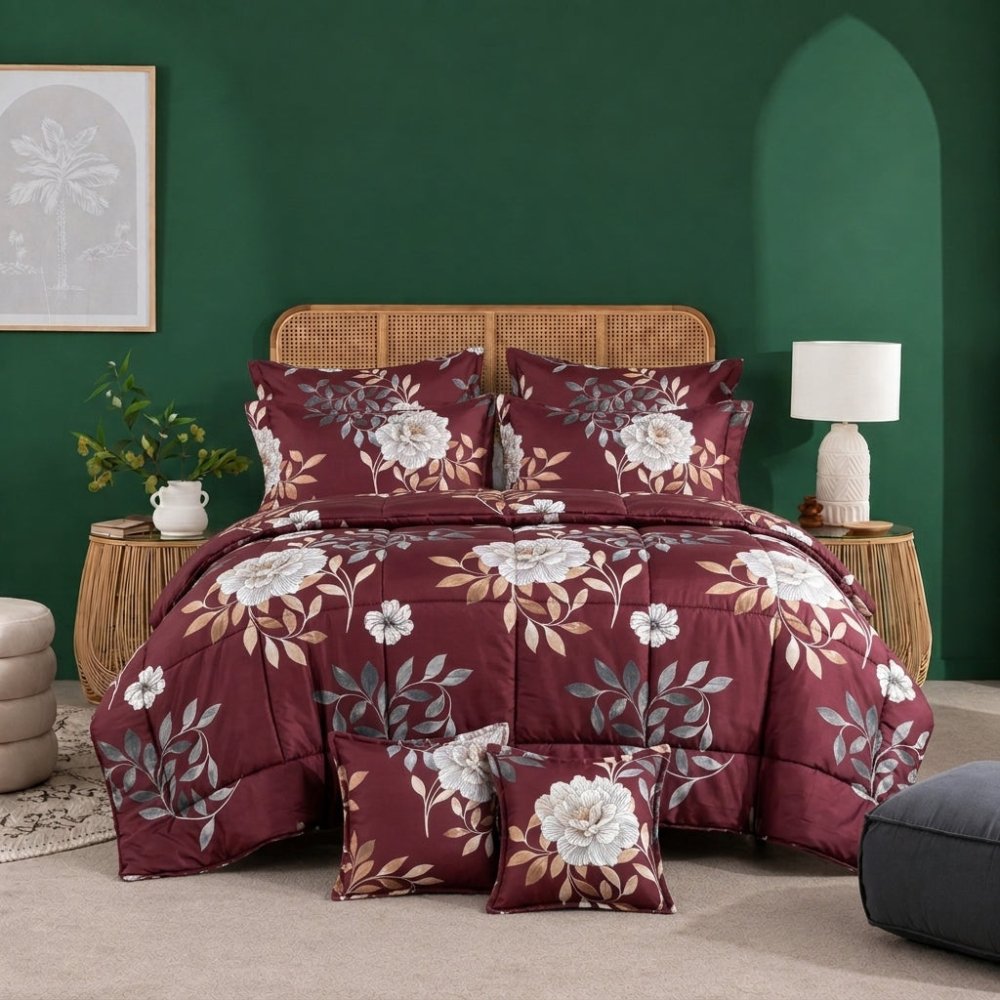 Burgundy Botanica - 8pcs Premium Comforter Set - Zaraish.com