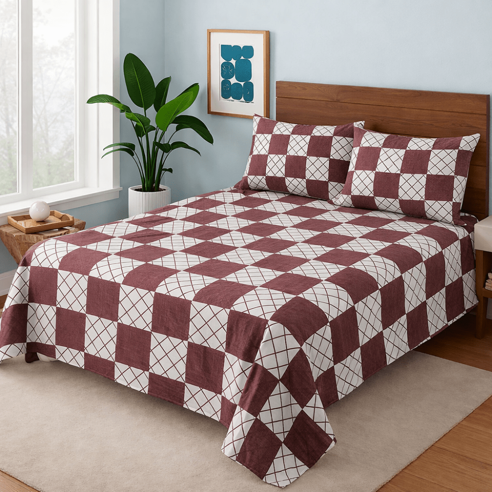 Maroon Check Elegance - Bedsheet Set - Zaraish.com