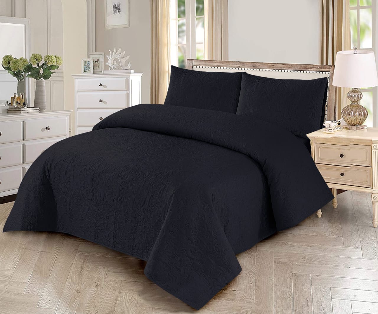 BEDSPREAD Set (Light Filling) - Dark Black Plain