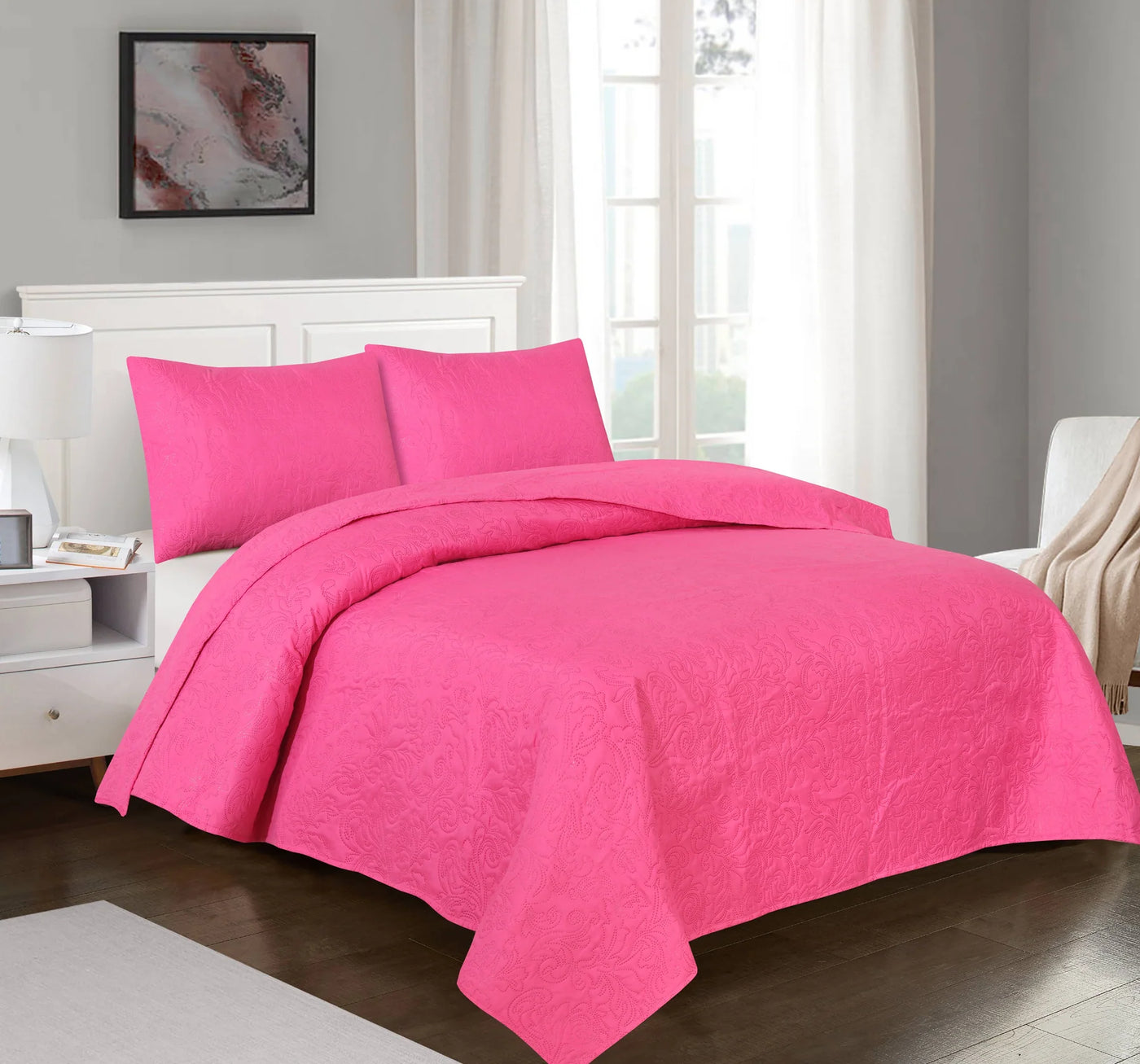 Shocking Pink  Plain- 3 PCS Summer Comforter Set (Light Filling)