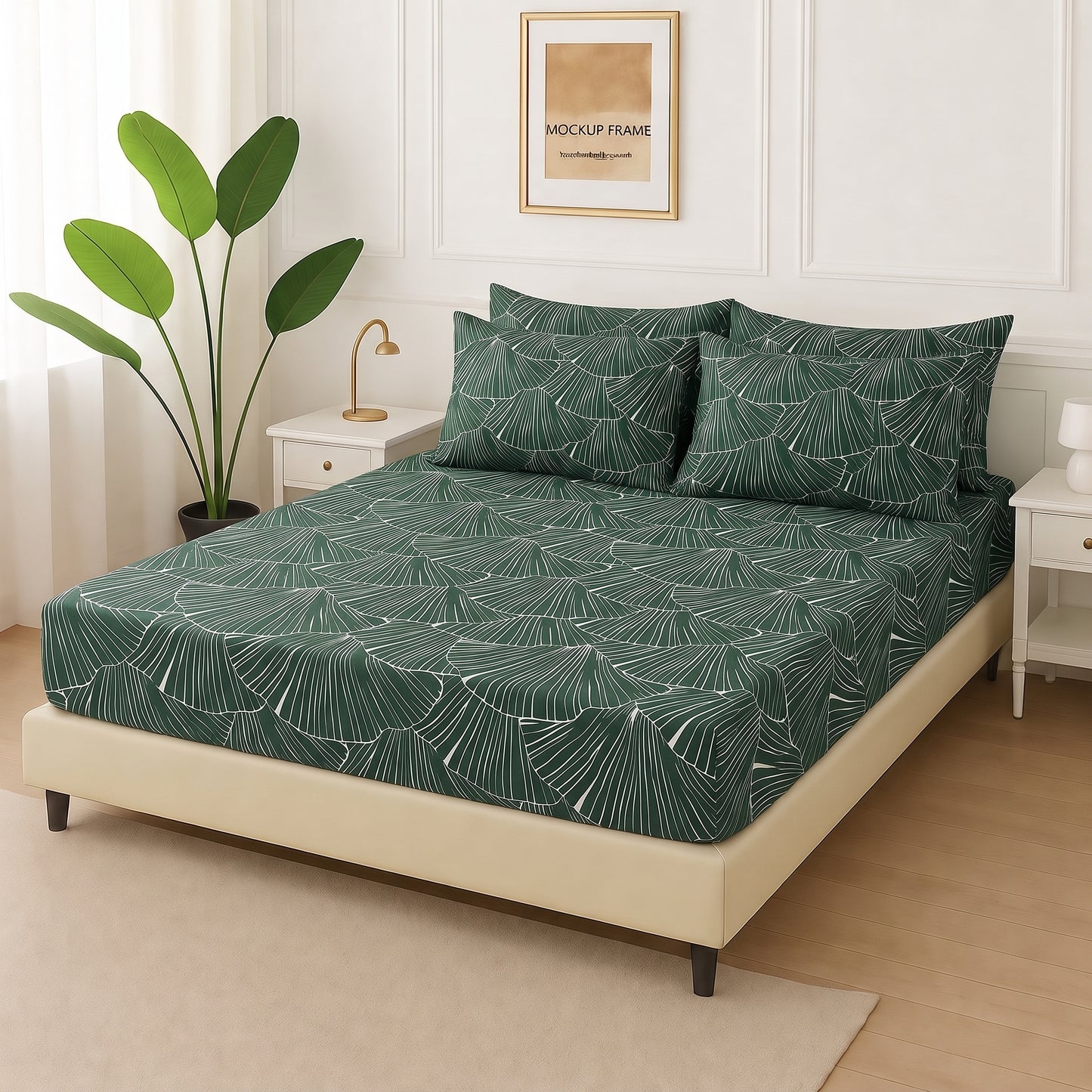 Verdant Fan - Fitted Bedsheet With 4 Pillow Covers