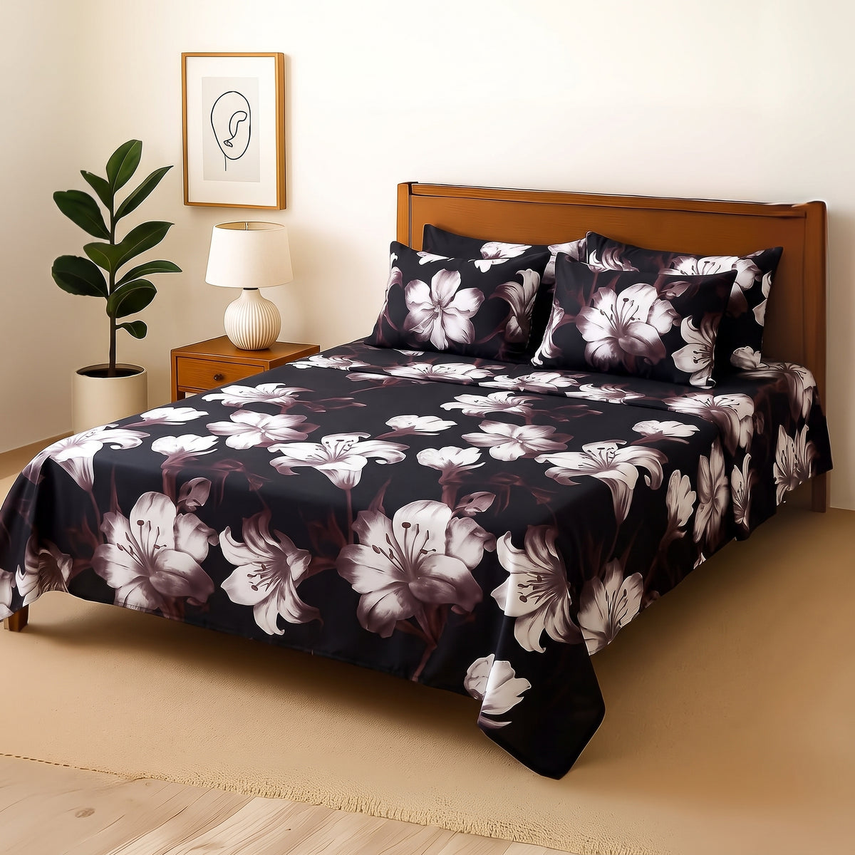 Noir Lily Echo - Bedsheet With 4 Pillow Covers