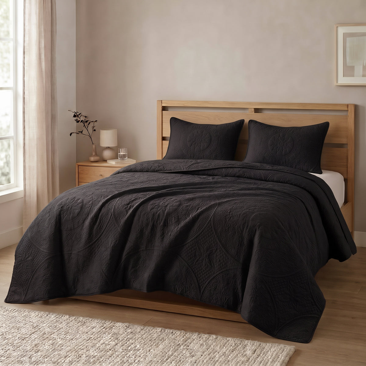 Black - Gilded Bloom Quilt - 3pcs BEDSPREAD Set (Light Filling)