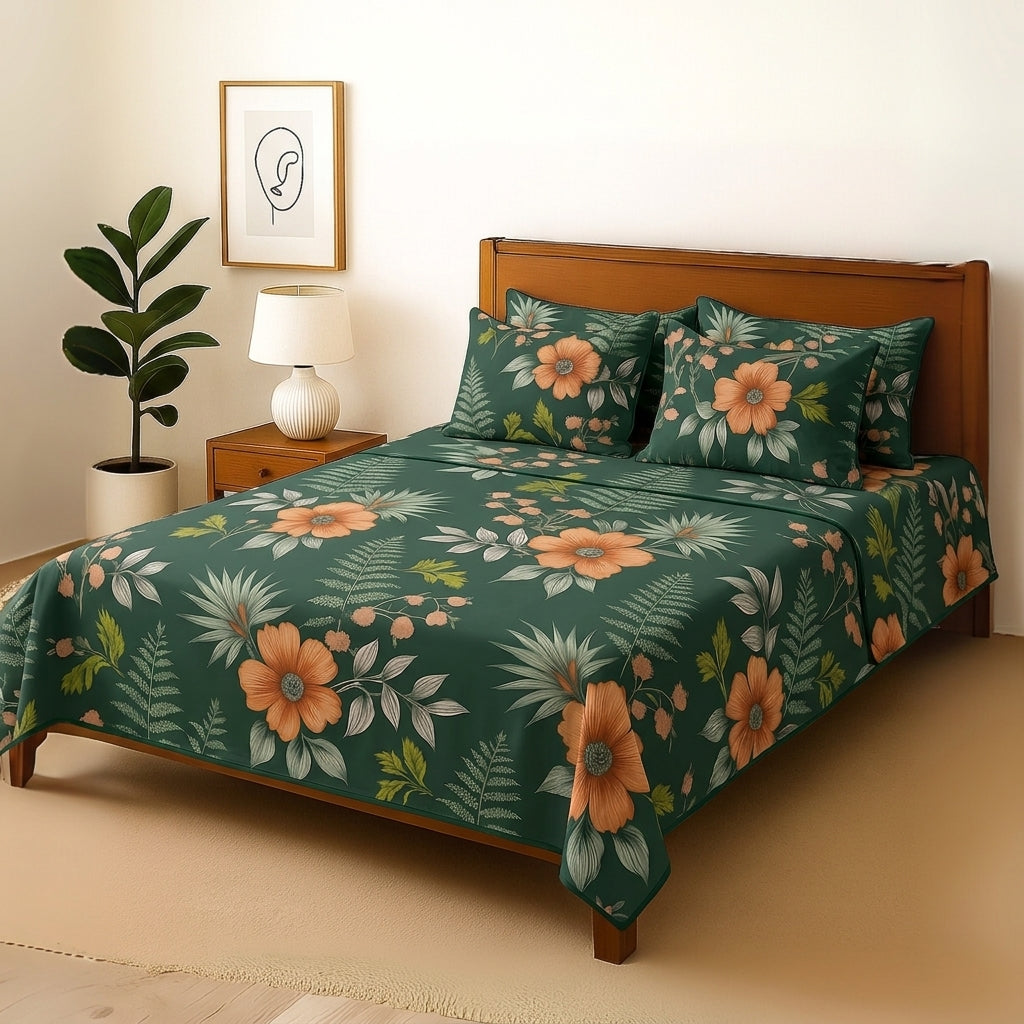 Green Tulip - Bedsheet With 4 Pillow Covers