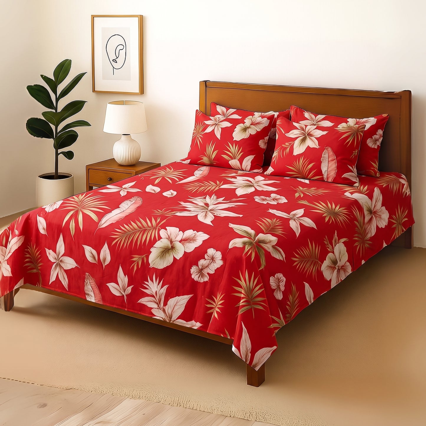 Red Lilies - Bedsheet With 4 Pillow Covers
