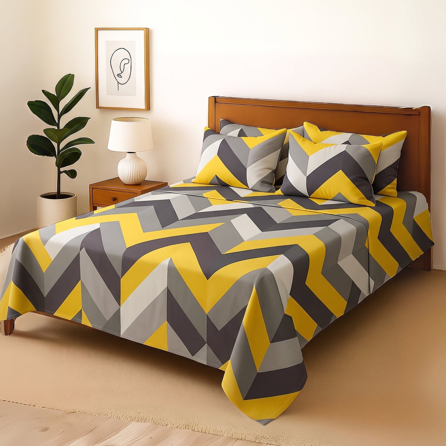 Yellow Triangle - Bedsheet With 4 Pillow Covers