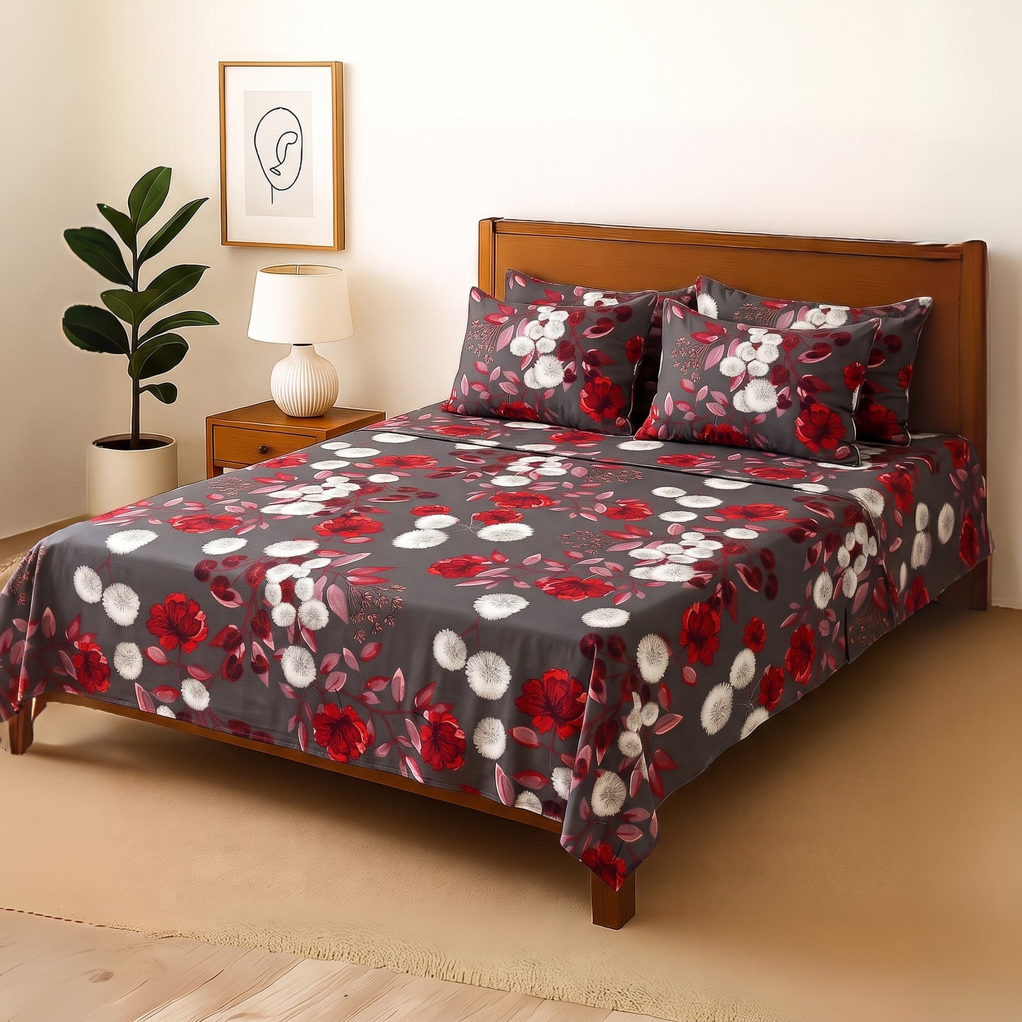 Crimson Dusk - Bedsheet With 4 Pillow Covers
