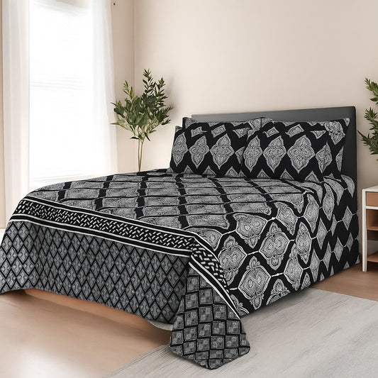 BLACK LEAVES- Bedsheet With 4 Pillow Covers