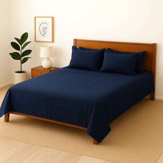BLUE PLAIN- Bedsheet With 4 Pillow Covers