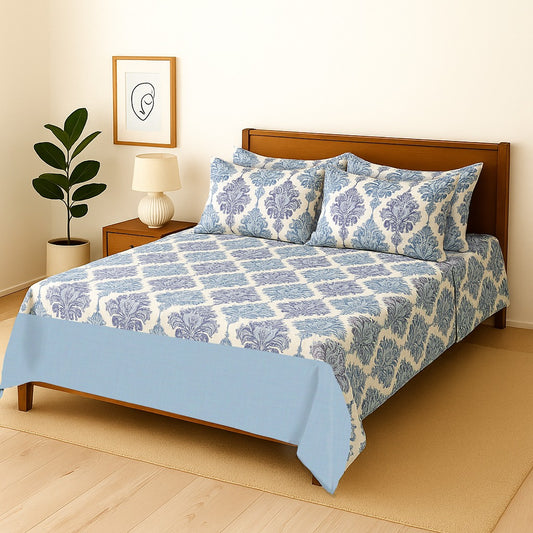 BLUE BORDER - Bedsheet With 4 Pillow Covers
