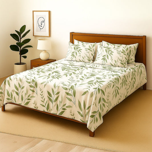 GREEN LEAVES - Bedsheet With 4 Pillow Covers