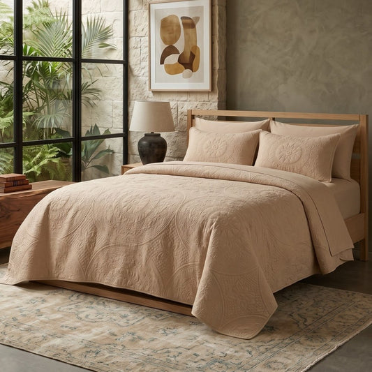 Beige - Gilded Bloom Quilt - 6pcs BEDSPREAD Set (Light Filling) - Zaraish.com