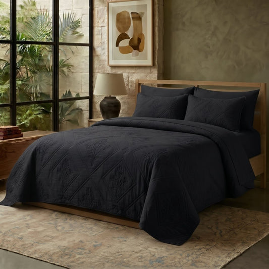 Black - Gilded Bloom Quilt - 6pcs BEDSPREAD Set (Light Filling) - Zaraish.com