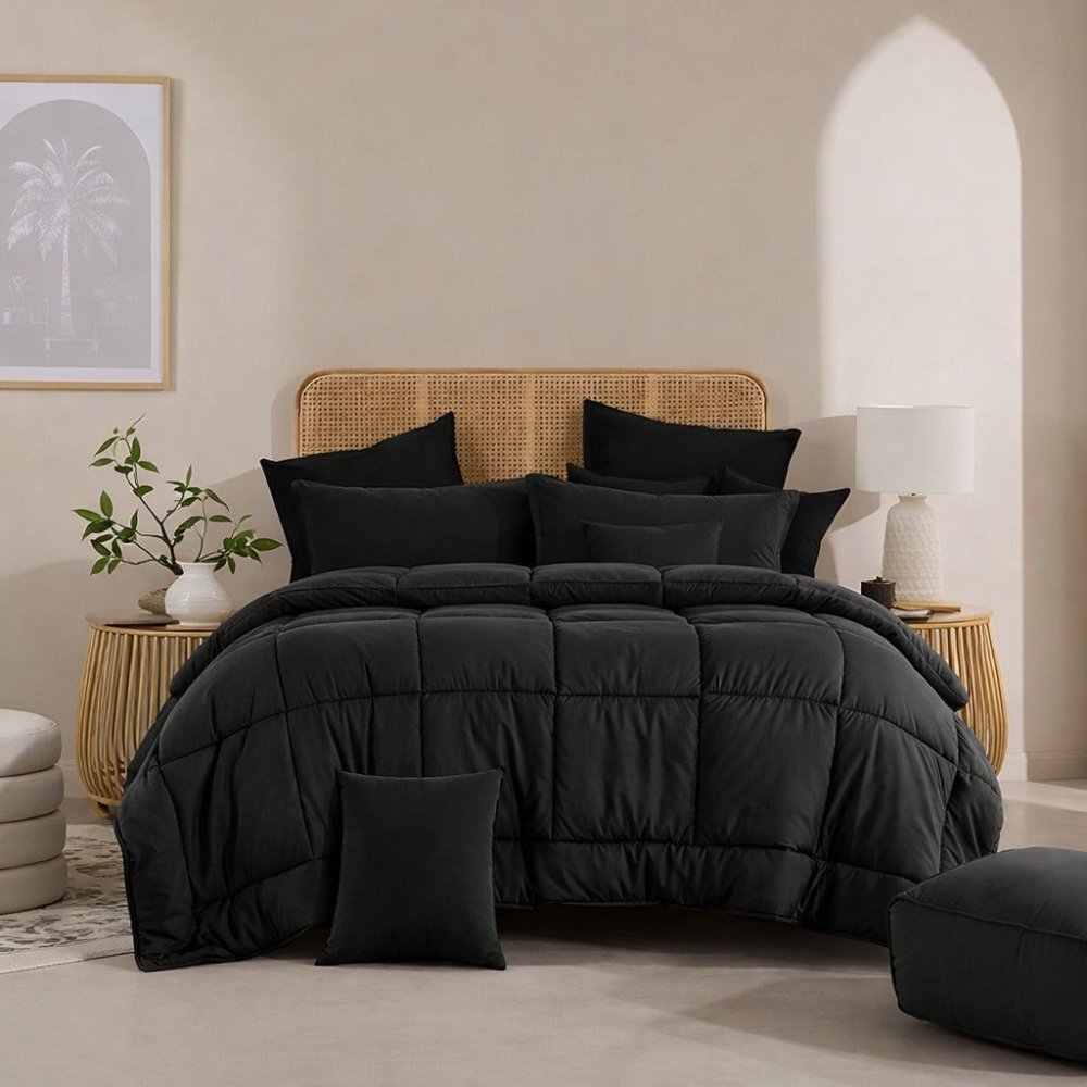 Black Plain - 6pcs Premium Comforter Set - Zaraish.com