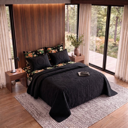Black Tulip Black Bedspread - 6 Pcs - Zaraish.com