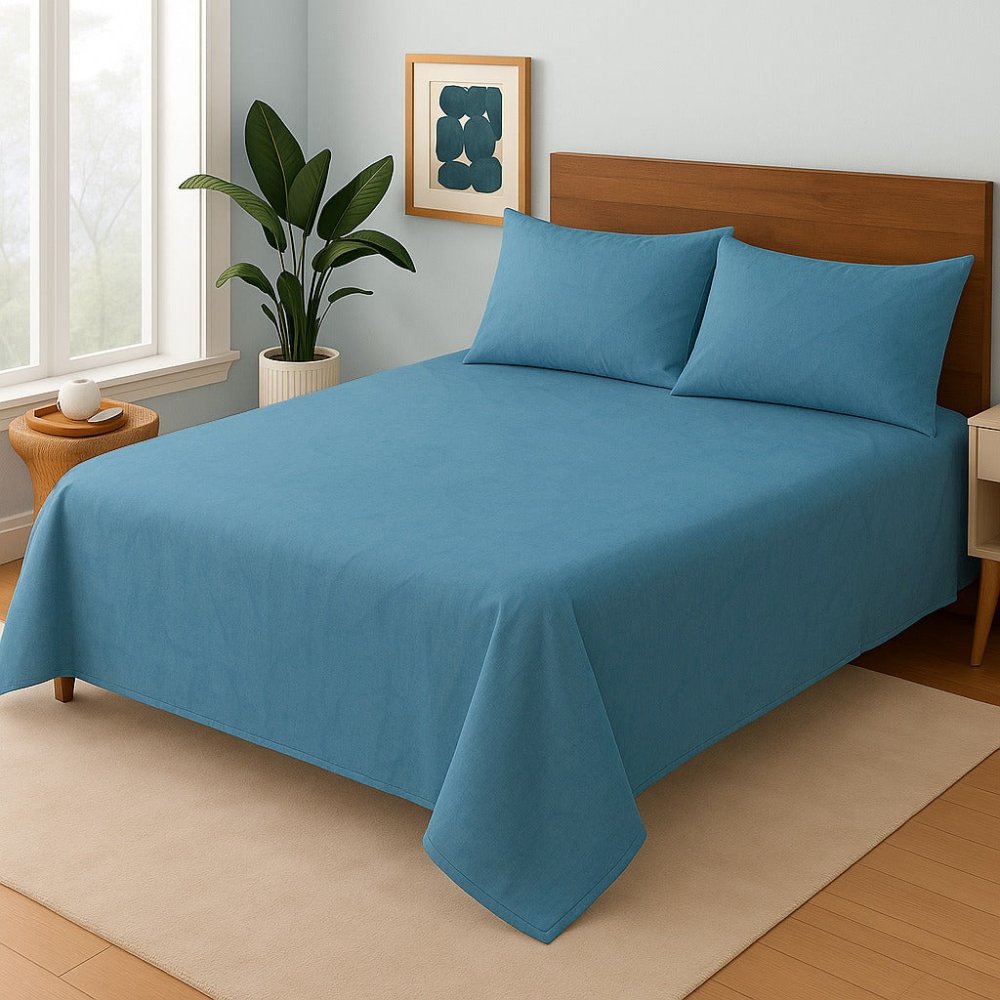 Blue - PURE COTTON PLAIN Bedsheet Set - Zaraish.com