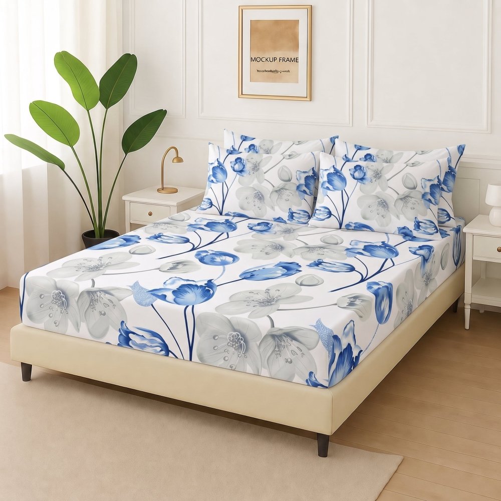 Bluebell Cascade - Fitted Bedsheet With 4 Pillow Covers - Zaraish.com