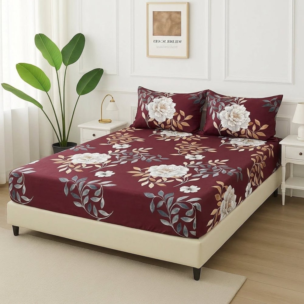 Burgundy Botanica - Fitted Bedsheet Set - Zaraish.com
