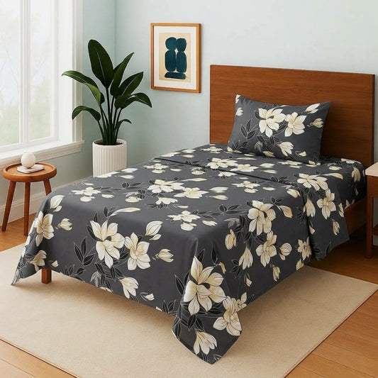 Charcoal White Blossom - Single Bedsheet Set - Zaraish.com