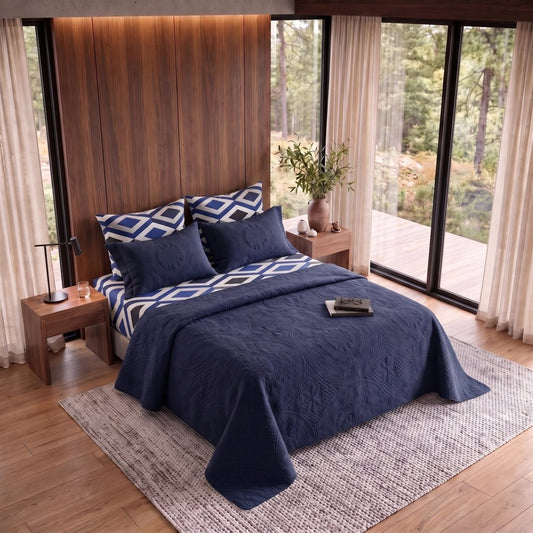Cobalt Diamond Wave Navy Blue Bedspread - 6 Pcs - Zaraish.com