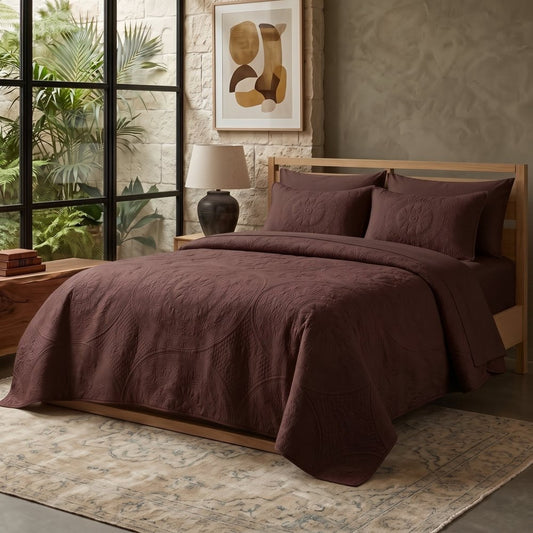 Dark Brown - Gilded Bloom Quilt - 6pcs BEDSPREAD Set (Light Filling) - Zaraish.com