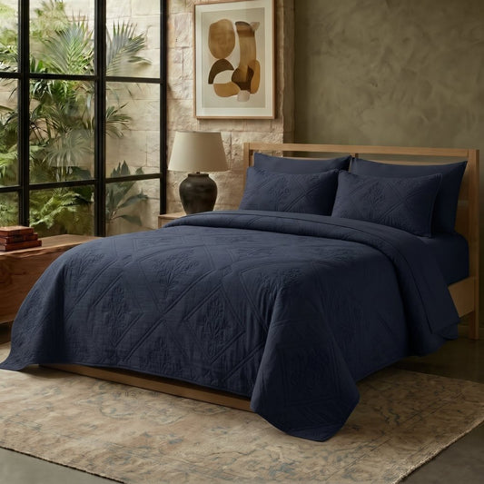 Dark Navy Blue - Gilded Bloom Quilt - 6pcs BEDSPREAD Set (Light Filling) - Zaraish.com