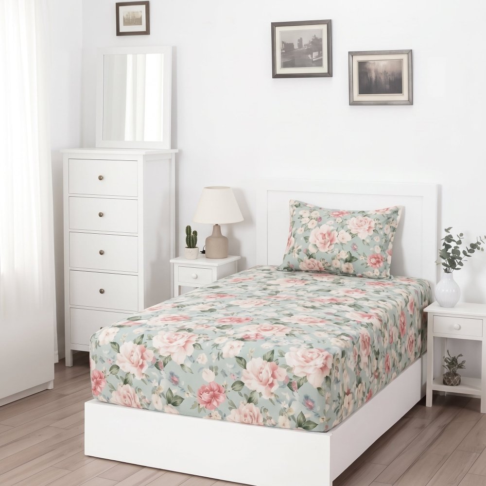 Green Flower - SINGLE Fitted Bedsheet Set - Zaraish.com